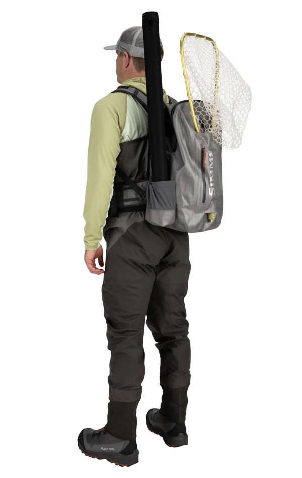 Waterproof Simms Dry Creek Z Backpack, perfect for keeping fishing gear dry and organized.
